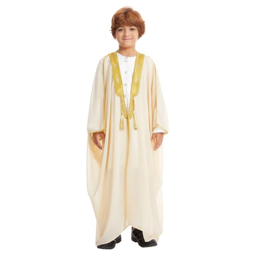 Kids Boys Muslim Cardigan Kaftan for Eid Ramadan Arabic Dubai Chiffon Long Sleeve Open Front Embroidered Robe - color: Champagne-beige, size: 11-12 Years