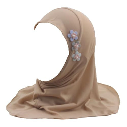 Girls Muslim Hijab Arab Scarf Islamic Headscarf for Kids with 3 Flowers - color: Khaki-3 Flowers