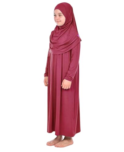 Prien Kids Prayer Dress Muslim Clothes for Girls Long Sleeve Abaya with Hijab Two Piece Maxi Islamic Set Scarf Kaftan Jilbab - color: Red