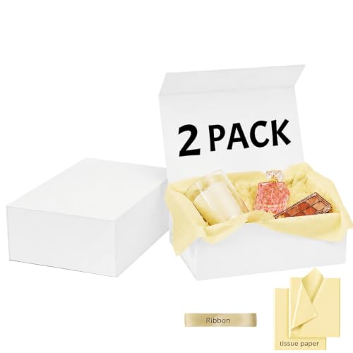 ROSYVA 2 Pack White Gift Boxes with Lids, 12 x 8 x 4.5 Inch Bridesmaid Proposal Boxes with Ribbon, Magnetic Gift Boxes for Presents, Wedding, Birthday, Bridal Party and Holiday Gifts - color: White-2 pack
