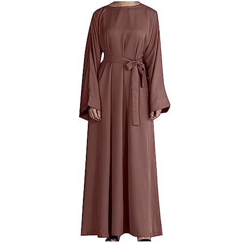 Ctreela Abaya Muslim Dresses for Women Girls Pockets Islamic Prayer Clothes with Tie Waist Ramadan Tarawih Sawm Outfits - color: Brown, size: Small