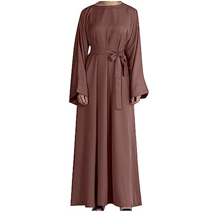 Ctreela Abaya Muslim Dresses for Women Girls Pockets Islamic Prayer Clothes with Tie Waist Ramadan Tarawih Sawm Outfits - color: Brown, size: Large