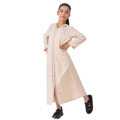 Kids Girls Abaya Muslim Eid Dress Gold Embroidered Lace Hooded Maxi Kaftan Robe Islamic Dubai Prayer Clothes - color: B-beige, size: 6 Years
