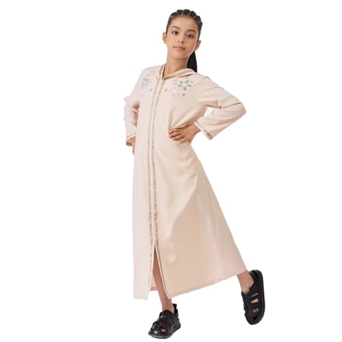Kids Girls Abaya Muslim Eid Dress Gold Embroidered Lace Hooded Maxi Kaftan Robe Islamic Dubai Prayer Clothes - color: B-beige, size: 5T