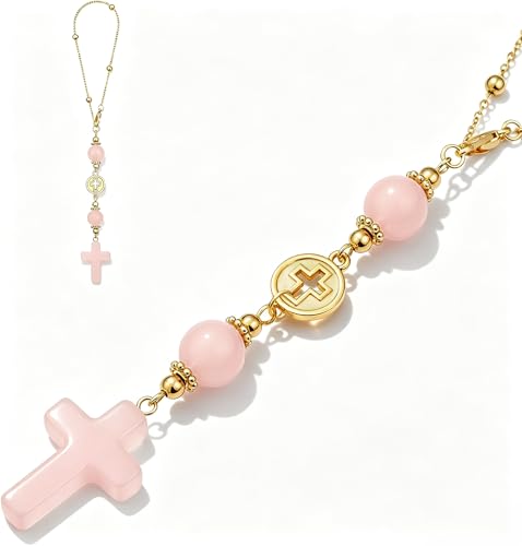 Cross Crystal Hanging Car Charm - Cute Healing Stones Rear View Mirror Decor, Boho Handmade Sun Catcher Ornament with Rose Quartz Crystal &Tiger Eye - Meaningful Gift for Women - color: Rose Quartz