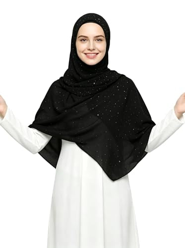 Lina & Lily Sparkle Shimmer Gold Glitter Women's Chiffon Hijab Head Scarf Shawl Wrap Lightweight - color: Black