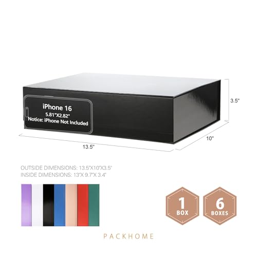 PACKHOME 6 Large Gift Boxes 13.5x10x3.5 Inches, Sturdy Shirt Boxes with Magnetic Lids for Multiple Occasions (Glossy Black) - color: 13x9.7x3.4 Inch-Black-Pack of 6