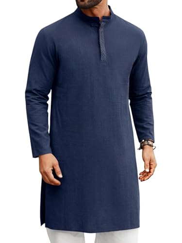 Runcati Mens Kaftan Thobe Button Down Henley Shirts Long Sleeve Kurta - color: Dark Blue, size: Medium