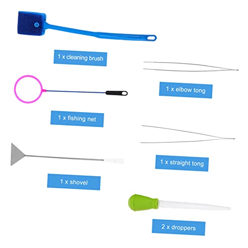 Aquarium Aquascaping Tool Kit 7 Pieces Net Brush Tweezers Scissors Plant Tool Safe for Fish Tank Cleaning Random Color