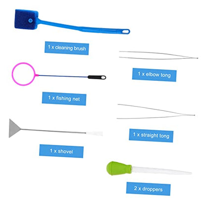 Aquarium Aquascaping Tool Kit 7 Pieces Net Brush Tweezers Scissors Plant Tool Safe for Fish Tank Cleaning Random Color