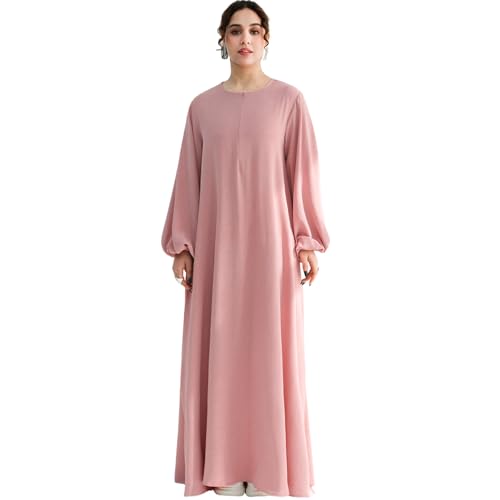 Muslim 여성용 Abaya 드레스 프론트 지퍼 기도 로브 부드럽고 가벼운 하늘거리는 맥시 드레스 포켓 및 벨트 포함 - color: 라이트 핑크, size: M
