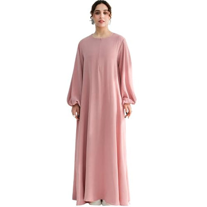 Muslim 여성용 Abaya 드레스 프론트 지퍼 기도 로브 부드럽고 가벼운 하늘거리는 맥시 드레스 포켓 및 벨트 포함 - color: 라이트 핑크, size: M