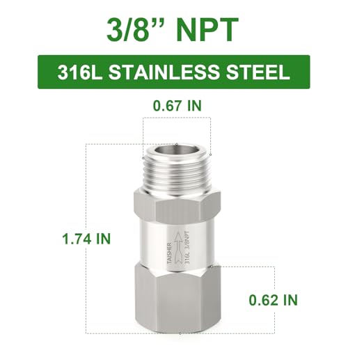 1PCS 316L Stainless Steel 3/8" NPT Male x 3/8" NPT Female Check Valve,Backflow Prevention,One Way Non-Return Check Valves - size: 3/8" (Fx M)NPT