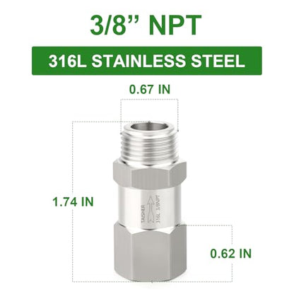 1PCS 316L Stainless Steel 3/8" NPT Male x 3/8" NPT Female Check Valve,Backflow Prevention,One Way Non-Return Check Valves - size: 3/8" (Fx M)NPT