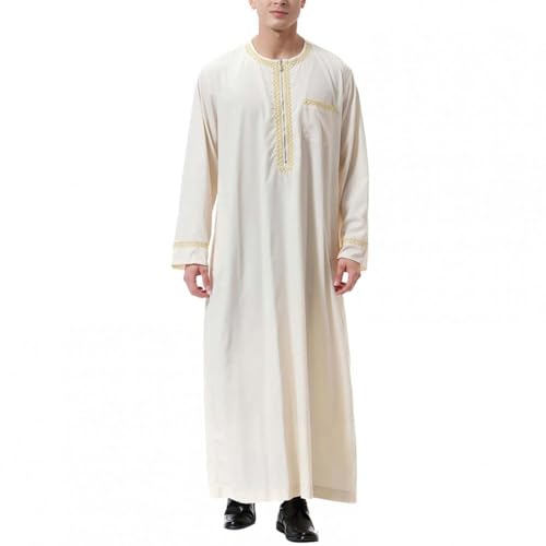 Muslim Robe for Men Arab Long Sleeve Kaftan Islamic Arabic Abaya Thobe Ramadan Middle East Islamic Cloth Shirt Gown - color: Beige, size: Medium