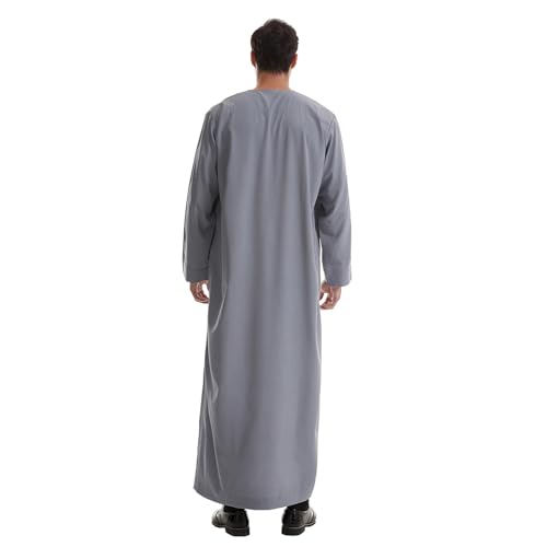 IWEMEK Men Muslim Thobe Long Sleeve Kaftan Robe with Pockets Saudi Arabic Thobe Ramadan Middle East Dubai Islamic Abaya Dress - color: Grey, size: Medium