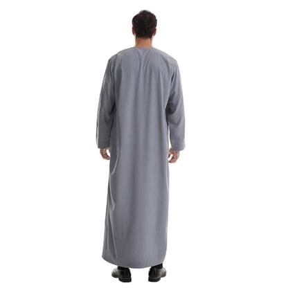 IWEMEK Men Muslim Thobe Long Sleeve Kaftan Robe with Pockets Saudi Arabic Thobe Ramadan Middle East Dubai Islamic Abaya Dress - color: Grey, size: Large