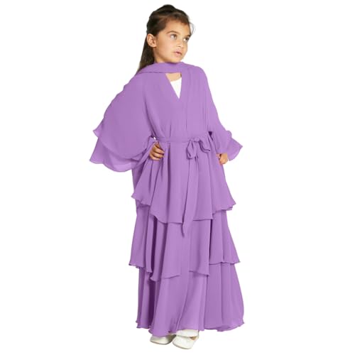 IDOPIP Muslim Girls Abayas Dress for Kids Long Sleeve Chiffon Islamic Kaftan Robe Open Front Cardigan Prayer Dress with Hijab - color: Purple, size: 4-5 Years