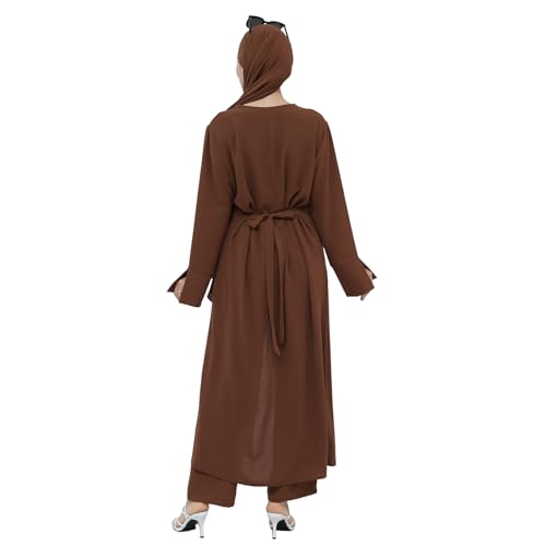 IDOPIP Muslim Women 2-Piece Set Long Sleeve Ramadan Islamic Abaya Dress Shirt with Pants Loose Fit Casual Dubai Prayer Outfit - color: Coffee, size: X-Large-XX-Large