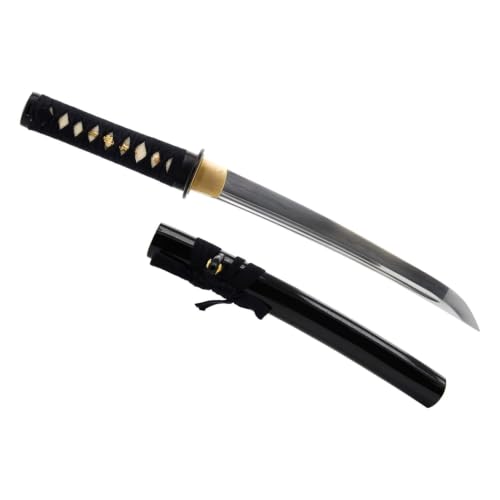 Musashi Crest Tanto, 1045 Carbon Steel Hand Forged Full Tang Japanese Sword | hand-sharpened for tameshigiri, wavy temper, bo-hi groove, openwork guard, rayskin grip