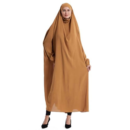 Lmdudan Muslim Women Islamic Full Cover Prayer Dress Long Sleeve Loose Abaya Hijab Outfit 2026 Ramadan Modest Prayer Clothes - color: Khaki, size: X-Large