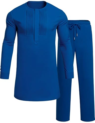 Mens African 2 Piece Set Nigerian Dashiki Traditional Suit Pleated Snap Button Shirts and Pants Outfit - color: Blue, size: X-Large