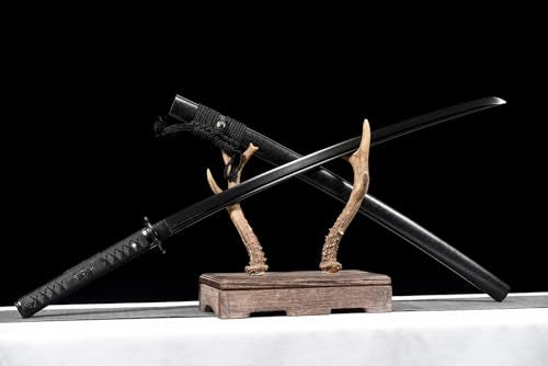 41 in All Black Japanese Samurai Katana Sword Functional Damascus Folded Steel