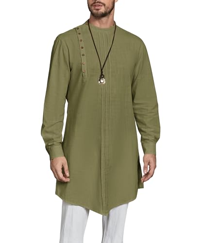 Gafeng Mens Kaftan Thobe Long Sleeve Robe Gown Casual Cotton Linen Button Muslim Shirt - color: Army Green, size: X-Large