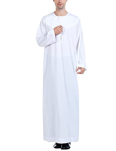 Thobe for Men Muslim Clothing Long Sleeve Kaftan Eid Prayer Jalabiya Robe Islamic Abaya Arabic Formal Dress - color: White, size: Large