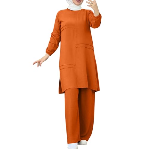 Muslim Outfits For Women 2 Piece Sets Long Sleeve Loose Tops Wide Leg Pants Suits Plus Size Outfit Prayer Clothes - color: Orange, size: Small