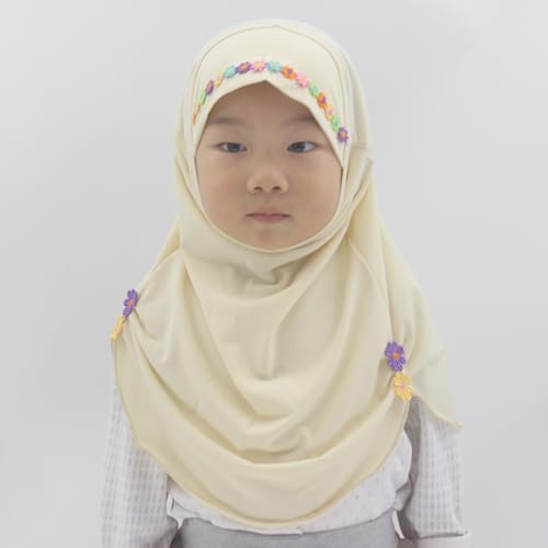 Girls Instant Hijab – Soft Kids Muslim Scarf with Flower, Breathable One-Piece Headscarf for Toddlers Age 2-8 - color: Small Flower-cream