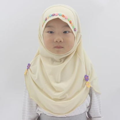Girls Instant Hijab – Soft Kids Muslim Scarf with Flower, Breathable One-Piece Headscarf for Toddlers Age 2-8 - color: Small Flower-cream