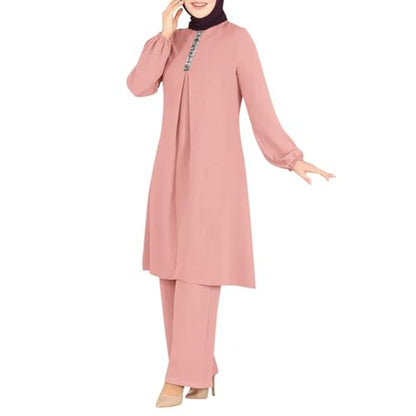 Abayas Dress For Women Muslim Long Sleeve Loose Top Pants 2 Pcs Dubai Islamic Muslim Women Matching Sets - color: Pink B, size: Large