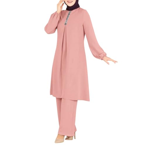 Abayas 여성용 드레스 무슬림 긴소매 루즈 탑 팬츠 2피스 두바이 이슬람 무슬림 여성용 매칭 세트 - color: 핑크 B, size: XX-Large