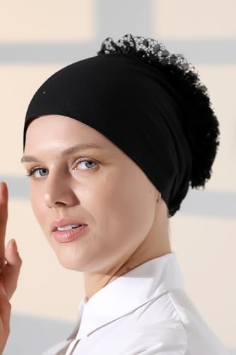 ihvan online Hijab Cap, Head Scarf Beanie, Volumizing Non Slip Head Wraps for Women, Hijab Undercap with Tie-Back Closure - color: Black