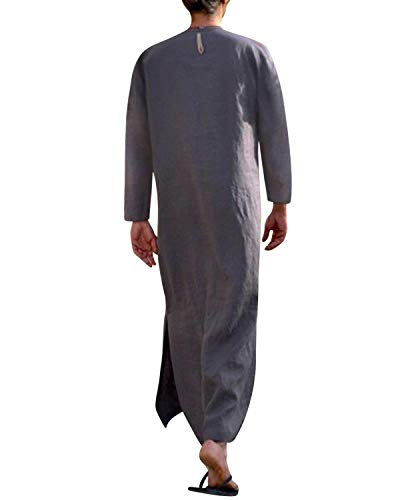 Jacansi Men's 65% Cotton 35% Linen Kaftan Thobe, Long Sleeve Casual Arabic Robe, Loose Long Gown with Pockets - color: Purple-gray #1, size: Large