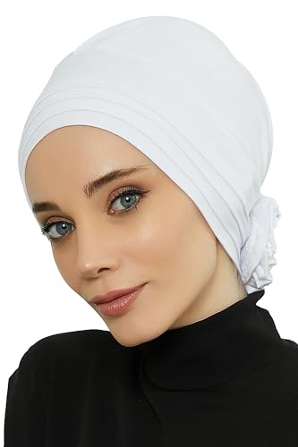Aisha's Design Instant Turban Head Wraps for Women, Combed Cotton Scarf Lightweight Pre tied Hijab with Back Rose Detail - color: White