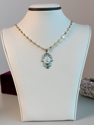 14K Solid Gold Pendant Necklace Hand-Painted Abstract Hamsa Hand and Allah Calligraphy (Evil Eye) - Gift for Men, Women, Daughter, Son, Unisex Adults, Kids - color: Light Green Fatima Hand w/ Allah Calligraphy, style: Only Pendant