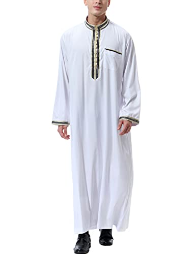 Muslim Thobe for Men Islamic Clothing Moroccan Jalabiya for Men Eid Dubai Robes - color: White-5, size: 44