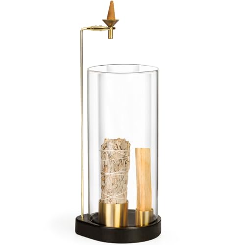 4 in 1 Wooden Incense Burner with Glass, Incense Holder for Candle, Sticks, Palo Santo, Sage and Cones, Wood Ash Catcher Tray for Meditation Yoga Room Home Decor (Glass) - color: Glass