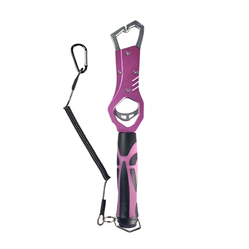Eupheng 11.8'' Heavy-Duty Fish Gripper with Scale Rustproof Aluminum Body, Non-Slip Rubber Handle, Built-in Weight Estimator & Wrist Lanyard - color: Pink