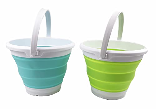 SAMMART 5.5L (1.4 Gallon) Set of 2 Collapsible Plastic Bucket - Foldable Round Tub - Portable Fishing Water Pail - Space Saving Outdoor Waterpot. (Grass Green + Bright Blue) - color: Grass Green + Bright Blue