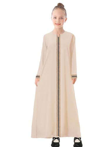 WSPLYSPJY Kids Girls Gold Embroidered Muslim Dress Abaya Long Sleeve Eid Robe Prayer Clothes - color: Light Khaki, size: 11-12 Years