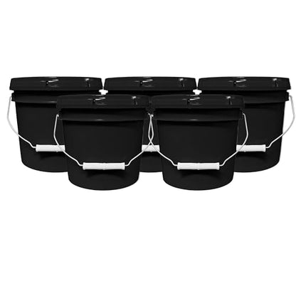 MKS Plastics 1-Gallon Bucket with Airtight Lid – Made in USA, Food Grade BPA Free Plastic, Heavy Duty Multi-Use, Metal Handle with Grip, Stackable Storage – Black, 5 Pack - color: Black, size: 5