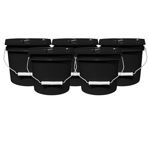 1-Gallon Bucket with Airtight Lid – Made in USA, Food Grade BPA Free Plastic, Heavy Duty Multi-Use, Metal Handle with Grip, Stackable Storage – Black, 5 Pack - color: Black, size: 5