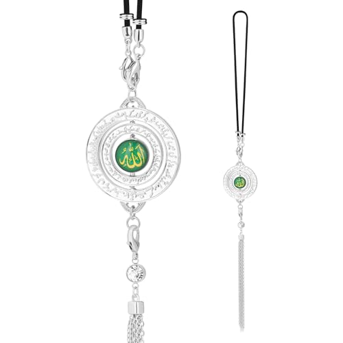MUNORIAY Ayatul Kursi Islamic Car Hanging Ornament,Allah Muhammad Islamic Arabic Quran Rotatable Double-Sided Pendant with Crystal Tassel,Muslim Car Rear Mirror Décor Accessories Ramadan Eid Gifts - color: Silver