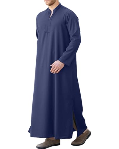 LVCBL Kaftan Thobe for Men Big And Tall Muslim Robe Mens Long Sleeve Caftan - color: Dark Blue, size: XX-Large