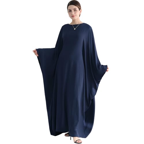 Muslim Abaya Dress Women Middle East Arabian Prayer Robe Batwing Maxi Kaftan Abaya Dress with Hijab - color: Navy