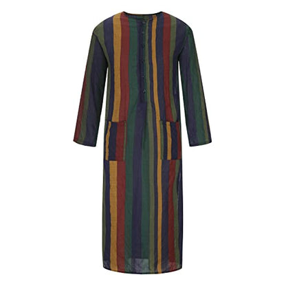 Men's Muslim Kaftan Thobe 3/4 Sleeve East Islamic Saudi Arabic Robes Lightweight Stripe Printed Dubai Caftan Gown - color: Yellow, size: Small