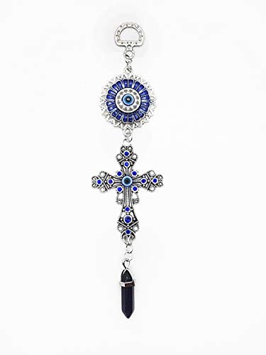LUCKBOOSTIUM Blue Crystal Inlayed Cross & Blue Mandala Evil Eye Amulet w/Hanging Healing Stone - Nature, Energy, Rebirth, Growth Charms - Car & Home Charm Ornament (2"x8", Black Stone) - color: Black Stone